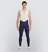 Front view of the Navy Men's SuperFLEECE 2.0 Cycling Bib Tights, showcasing a lightweight brace system for an optimal fit and ease of movement in cooler weather.