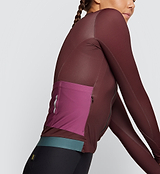 Closeup of Women's Midweight LS Jersey in Raisin, perfect fit for cold weather cycling, wicks moisture.