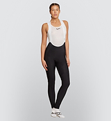 Front view of the Black Women's SuperFLEECE 2.0 Cycling Bib Tights, featuring an advanced brace system and tailored fit for superior support and mobility.