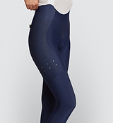 Closeup of Women's SuperFLEECE 2.0 Bib Tights - Navy, best fit, comfort, moisture wicking for winter bike rides.