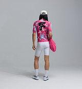 Back view of men's Frequencies Fusca Classic cycling jersey in pink — SPF50 breathable, moisture-wicking, four-way stretch performance road-bike jersey with ventilation panels, extended sleeves, low-cut collar and silicone hem gripper