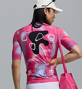 Frequencies Fusca men's Classic Cycling Jersey in pink abstract print — breathable SPF50, moisture-wicking four-way stretch fabric with side ventilation panels, extended sleeves, low-cut collar and silicone hem gripper for high-performance road cycling, training and everyday rides.