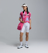 Front view: Frequencies Men's Classic Cycling Jersey Fusca — pink performance road cycling jersey, breathable SPF50, moisture-wicking, four-way stretch with ventilation panels, extended sleeves, low-cut collar and silicone hem gripper, styled with white bib shorts and cap.