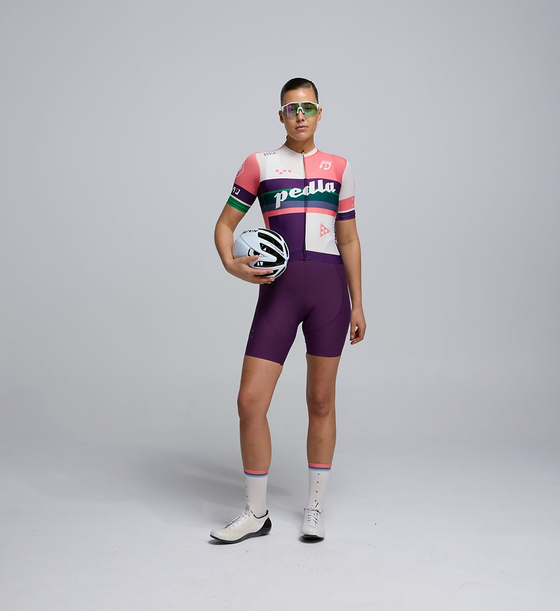Pedla cycling Heritage Women's Classic Jersey Multi front view breathable moisture wicking - pink and purple