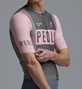 Heritage men's Classic cycling jersey close-up, vintage stone grey with pink accents, LunaLUXE breathable SPF50 fabric, moisture-wicking, four-way stretch, ventilation panels, extended sleeves, low-cut collar and silicone hem gripper