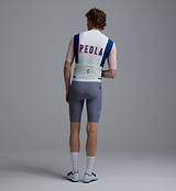 Men's Classic cycling jersey back view, vintage white with PEDLA logo and pink and navy panels, breathable SPF50 moisture-wicking four-way stretch fabric, ventilation panels, extended sleeves, low-cut collar, silicone gripper hem