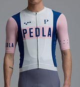 Heritage men's Classic cycling jersey close-up, vintage white with pink sleeves and navy panels, breathable SPF50, moisture-wicking four-way stretch fabric, ventilation panels, extended sleeves, low-cut collar, silicone hem gripper