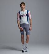 Men's Heritage Classic cycling jersey, vintage white with pink and blue accents, front view; breathable SPF50, moisture-wicking, four-way stretch, extended sleeves, low-cut collar, silicone hem gripper, PEDLA logo