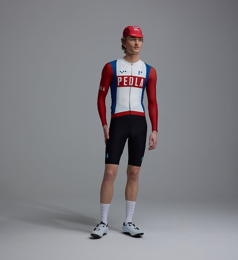 Men's Heritage Classic long-sleeve cycling jersey in vintage red — SPF50 breathable, moisture-wicking, four-way stretch, ventilation panels, form-fitting with silicone hem gripper