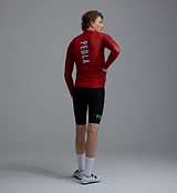 Heritage men's thermal long-sleeve cycling jersey back view in Solid Fox Red, Chillblock thermal fleece interior, moisture-wicking, UPF 50+, reflective logos, articulated sleeves, hem gripper, three rear pockets, SAB two-way zipper