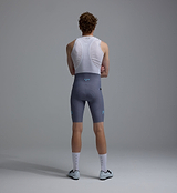 Men's training bib short in Heritage Steel, back view — breathable mesh bib, compressive supportive brace system, premium European fabric, performance chamois, seamless cuff and reflective logos for road cycling training
