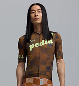Heritage men's training cycling jersey in brown checkers — all-season, UPF 30+ sun protection, 83% REPREVE recycled polyester/17% elastane, moisture-wicking microfiber, breathable perforated panels, four-way stretch, silicone gripper hem, extended sleeves, low-cut collar
