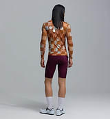 Men's long-sleeve training cycling jersey, Heritage Checkers Amber (back view) — breathable mesh panels, windproof, water-resistant road cycling top with rear zip pocket, athletic/standard fit for layering and performance