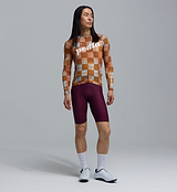 Pedla Heritage men's long-sleeve training cycling jersey in amber checkers, performance road fit with full-length zip, breathable lightweight fabric for training and racing — front view