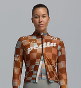 Heritage women's Classic cycling jacket in Checkers Amber, brown checkered lightweight windproof water-resistant full-zip road cycling jacket with breathable mesh panels, two-way zipper, silicone hem and rear zip pocket