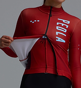 Women's Heritage Thermal long-sleeve cycling jersey closeup, Fox Red Chillblock fleece, moisture-wicking, UPF 50+, reflective logos, articulated sleeves, SAB two-way zipper, hem gripper, three rear pockets