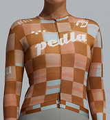 PEDLA Heritage women's long-sleeve training cycling jersey in Checkers Amber, breathable moisture-wicking REPREVE recycled polyester, UPF 30+ sun protection, perforated panels, four-way stretch, silicone gripper hem, low-cut collar — all-season performance road/training top