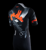 Back view of Men’s Pro Air Gravel one-piece cycling suit in Bubble Ink black with orange logo — ultralight aerodynamic gravel skinsuit with high-stretch woven grid fabric, compressive bib, moisture-wicking quick-dry ventilation, integrated storage pockets and subtle reflective details for endurance gravel and road racing.