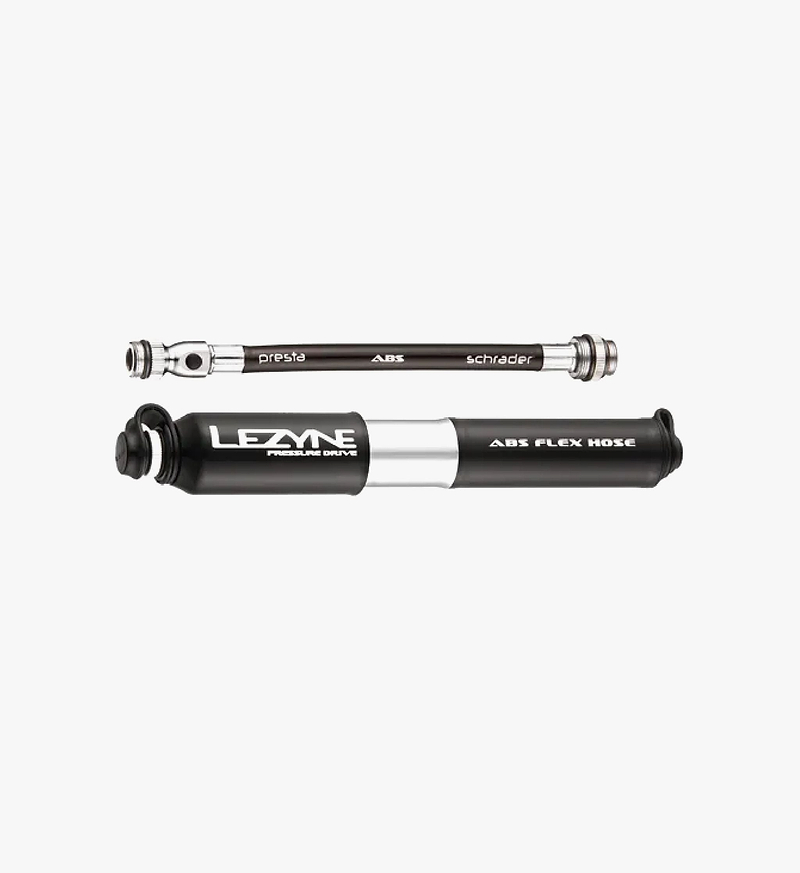 Lezyne Pressure Drive CNC-machined aluminum road bike hand pump — compact, lightweight 120 PSI pump with Presta & Schrader ABS flex hose and integrated valve‑core tool (Small/Medium)