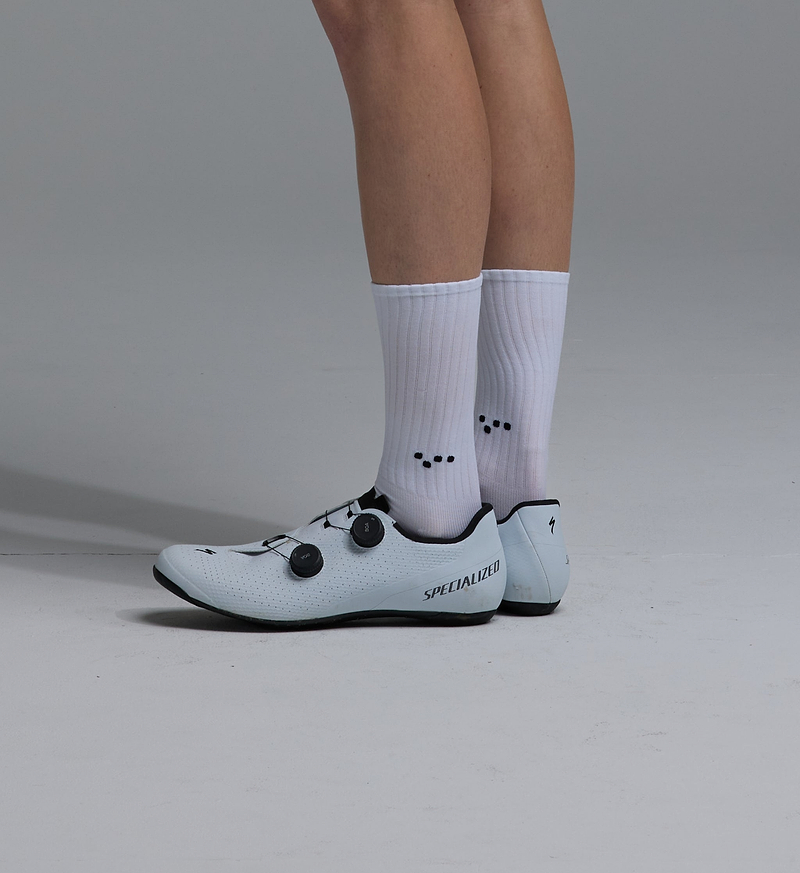 White Pedla lightweight cycling socks, mid-calf breathable ribbed athletic socks with Coolmax moisture-wicking Nylon-Lycra for temperature control and summer performance