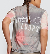 Close-up view of LOCAL LOOPS Women's Classic Cycling Gilet in Club Stone on model, detailing the water-resistant YKK zipper, lightweight fabric, and breathable mesh back panel that provide flexible wind and weather protection on bike rides.