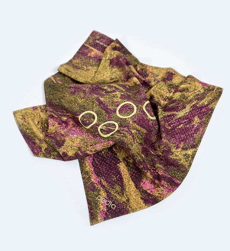 On_Off Grid unisex bandana, marbled gold and purple rock print — multifunctional neck scarf and sun-protection headwear fashion accessory