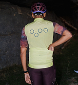 ON_OFF GRID unisex SafetySHELL cycling gilet back view, high-visibility neon reflective vest, windproof, water-resistant, packable ripstop shell with concealed rear pockets and breathable mesh panels