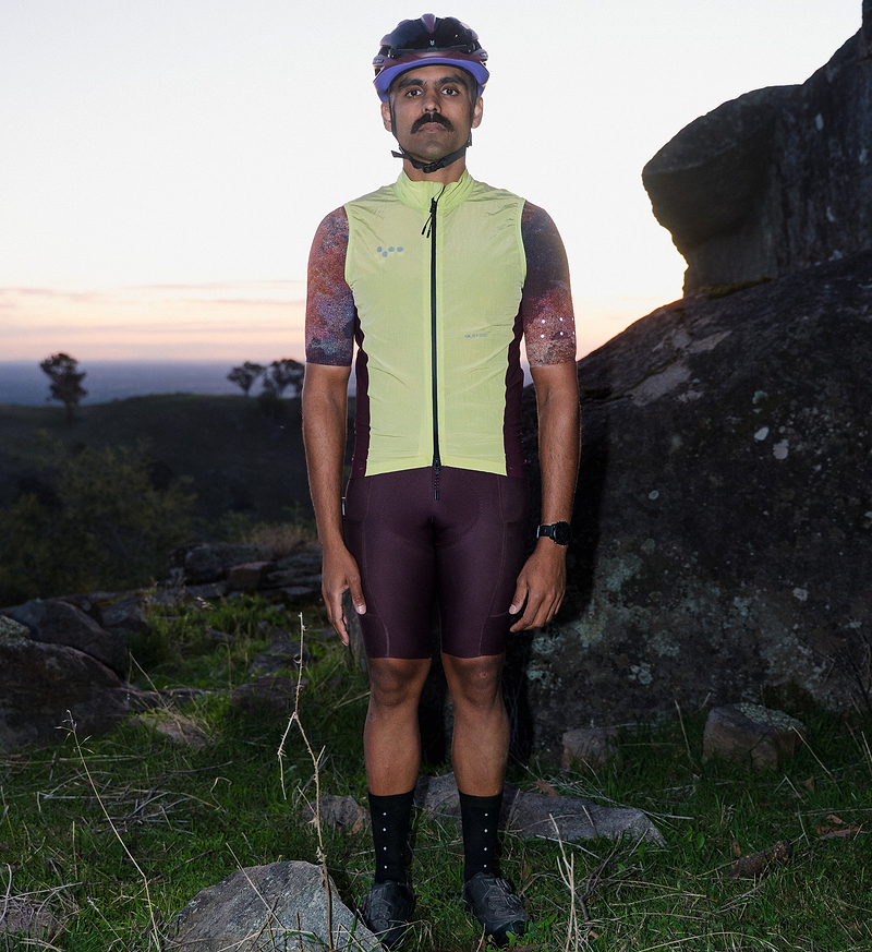 Neon yellow ON_OFF GRID SafetySHELL unisex cycling gilet, high-visibility reflective windproof water-resistant ripstop shell, packable with breathable mesh panels, high collar, concealed pockets and two-way waterproof zipper