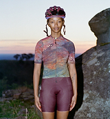 ON_OFF GRID SuperSYSTEM women's short-sleeve cycling jersey, rock-print front - ultralight high-stretch breathable moisture-wicking performance jersey for gravel and road riding, form-fitting with seamless hem and subtle reflective accents