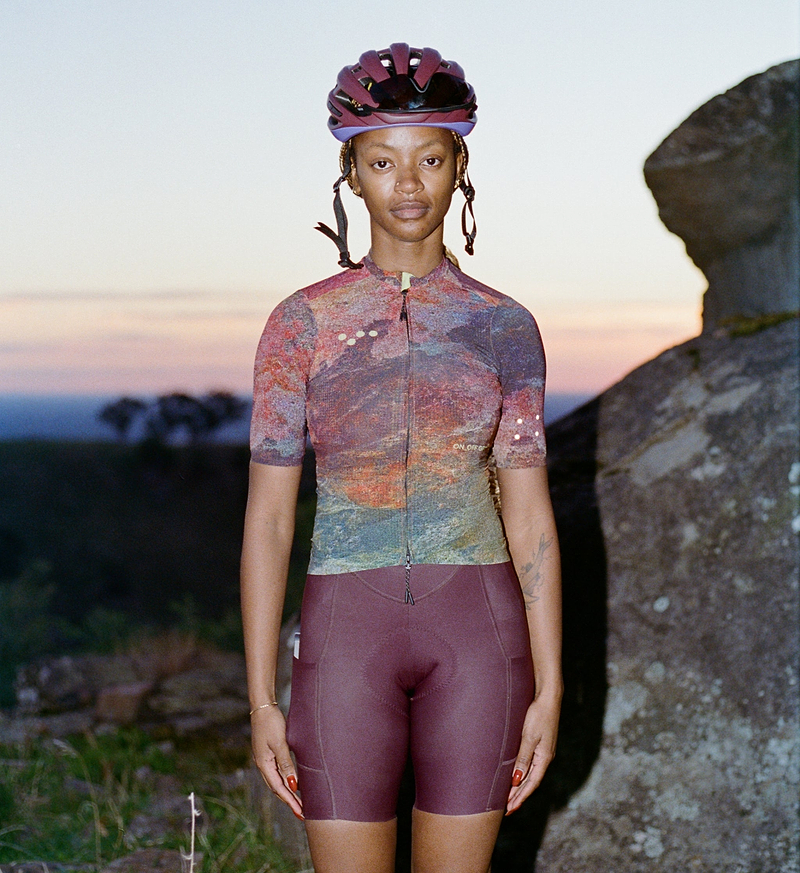 ON_OFF GRID SuperSYSTEM women's short-sleeve cycling jersey, rock-print front - ultralight high-stretch breathable moisture-wicking performance jersey for gravel and road riding, form-fitting with seamless hem and subtle reflective accents