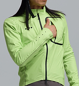 PRO Deflect 2 men's cycling jacket close-up, high-visibility waterproof windproof breathable 3-layer Italian laminate 20K/20K, lightweight technical road shell with reflective logos, chest pocket and two-way zipper