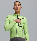 PRO Analogue Women's Deflect 2 cycling jacket, glow green close-up, waterproof breathable 20K/20K, 3-layer Italian laminate, windproof, reflective logos, concealed chest pocket, SAB two-way zipper