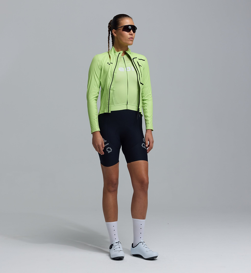 Women's PRO Analogue Deflect 2 high-visibility neon cycling jacket (Glow), front view - 20K waterproof/windproof 3-layer breathable shell, DValpine venting, two-way zipper, reflective logos, stretch panels