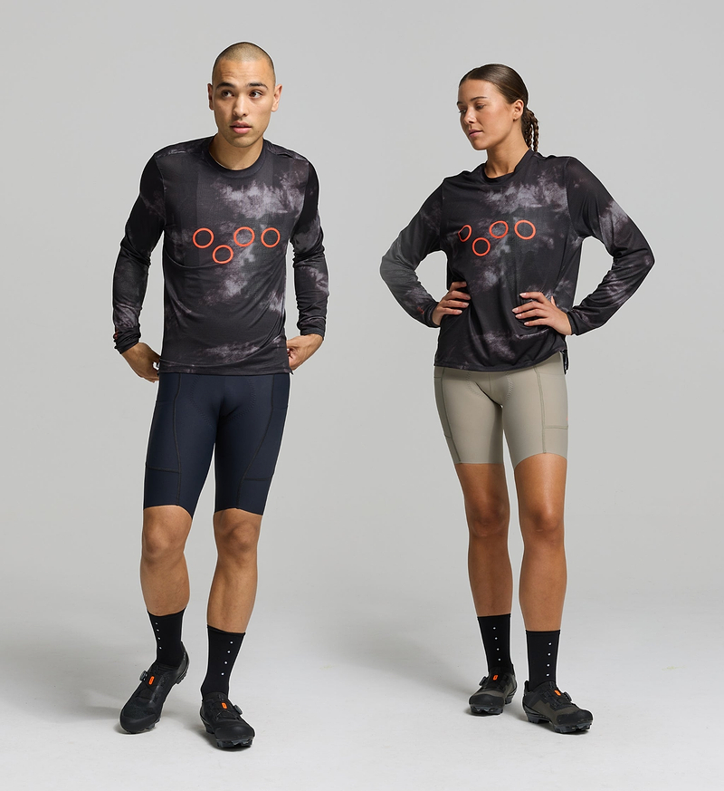 Front view of unisex dark purple long sleeve cycling tee – relaxed fit and high-stretch fabric designed for performance and all-day comfort
