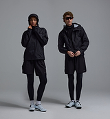 PEDLA x N-0 black 3-layer waterproof shell jacket front, unisex cycling commuter jacket, laminated stretch nylon, fully taped seams, adjustable hood, YKK waterproof zipper, large pockets, adjustable cuffs