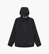 PEDLA x N-0 3-layer waterproof black shell jacket — unisex technical cycling rain jacket with laminated stretch nylon, fully taped seams, adjustable hood, YKK waterproof zipper