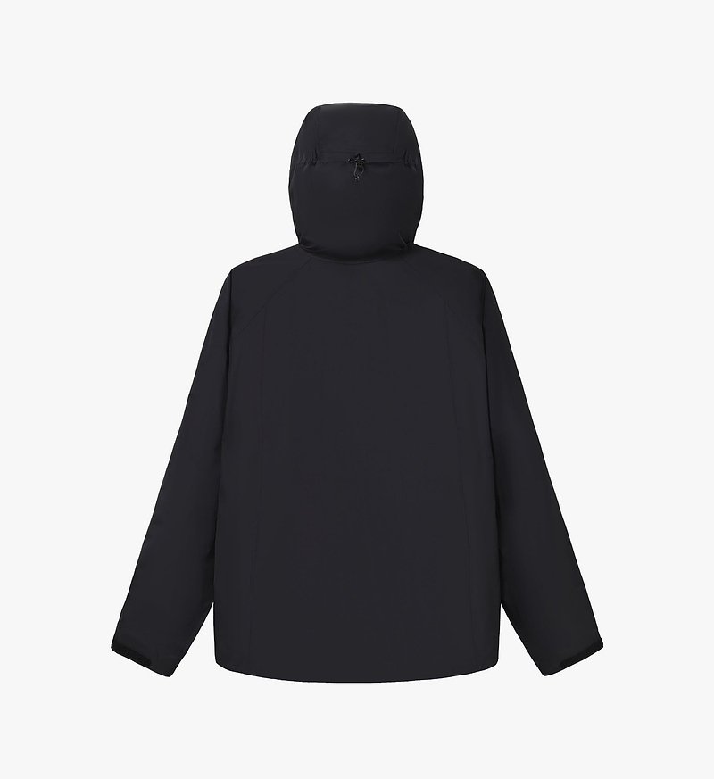 PEDLA x N-0 3L black waterproof shell jacket back view, laminated stretch nylon, fully taped seams, adjustable hood with rear cinch, YKK waterproof zipper, unisex commuter rain jacket