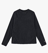 A black long-sleeve mi-layer top with a textured, ribbed knit fabric, shown flat against a light gray background.
