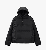 PEDLA x N-0 black lightweight down pullover hoodie — unisex insulated hooded nylon jacket with DWR, channel-quilted baffles, collar zip, drawcord hem, zipped hand pockets; technical streetwear for cycling and everyday wear