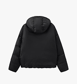 PEDLA x N-0 black down pullover back view — unisex lightweight insulated channel-quilted nylon jacket with DWR, hood with rear cord, zipped hand pockets, elastic cuffs and drawcord hem, technical streetwear for cycling and everyday wear