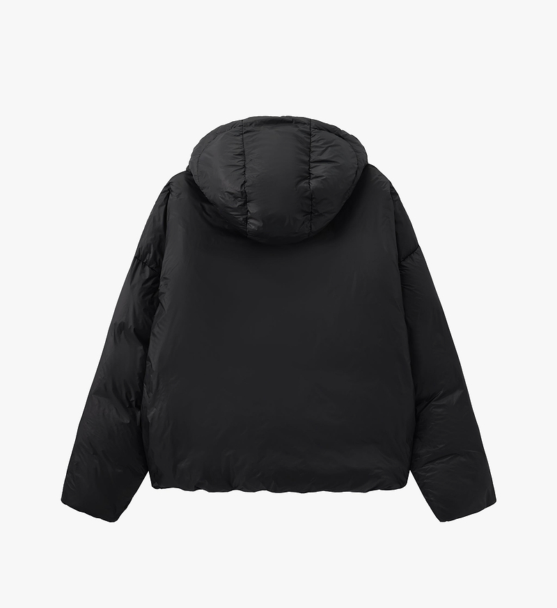 PEDLA x N-0 black down pullover back view — unisex lightweight insulated channel-quilted nylon jacket with DWR, hood with rear cord, zipped hand pockets, elastic cuffs and drawcord hem, technical streetwear for cycling and everyday wear