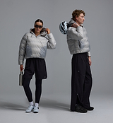 PEDLA x N-0 grey lightweight down pullover with insulated hood, channel-quilted DWR nylon shell, collar zip, zipped hand pockets, elastic cuffs and drawcord hem, unisex technical cycling/streetwear jacket