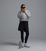 PEDLA x N-0 grey lightweight down pullover with insulated hood, channel-quilted DWR nylon shell, zippered hand pockets, elastic cuffs and drawcord hem — unisex cycling-friendly puffer for on- and off-bike wear
