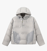 PEDLA x N-0 grey lightweight insulated down pullover hooded puffer jacket, channel-quilted 100% nylon shell with DWR, collar zip, zip hand pockets, drawcord hem, elastic cuffs, unisex cycling streetwear