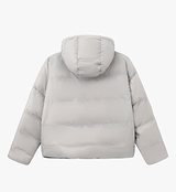PEDLA x N-0 grey down pullover (back view) — lightweight insulated hooded jacket, channel-quilted down fill, DWR nylon shell; unisex technical cycling and streetwear with collar zip, rear hood cord, zipped hand pockets, elastic cuffs, drawcord hem
