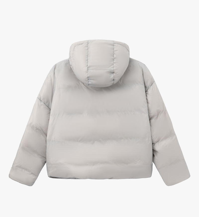 PEDLA x N-0 grey down pullover (back view) — lightweight insulated hooded jacket, channel-quilted down fill, DWR nylon shell; unisex technical cycling and streetwear with collar zip, rear hood cord, zipped hand pockets, elastic cuffs, drawcord hem