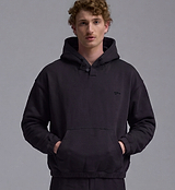 PEDLA x N-0 black heavyweight 100% cotton garment-washed cropped fleece hoodie, unisex technical streetwear and cycling pullover with two-piece hood and drawcord, front kangaroo pocket, ribbed cuffs and hem