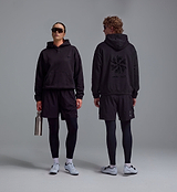 PEDLA x N-0 black cropped heavyweight cotton hoodie, unisex technical streetwear cycling hoodie, garment-washed 100% cotton fleece, two-piece hood, kangaroo pocket