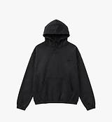 PEDLA x N-0 black heavyweight cotton hoodie, garment-washed cropped unisex fleece with two-piece hood and drawcord, front kangaroo pocket, ribbed cuffs, technical streetwear and cycling-ready pullover