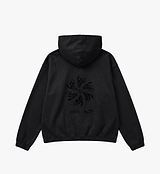 PEDLA x N-0 black heavyweight 100% cotton cropped hoodie back view — garment-washed fleece, two-piece hood with drawcord, kangaroo pocket, ribbed cuffs and hem; unisex technical streetwear for on- and off-bike wear